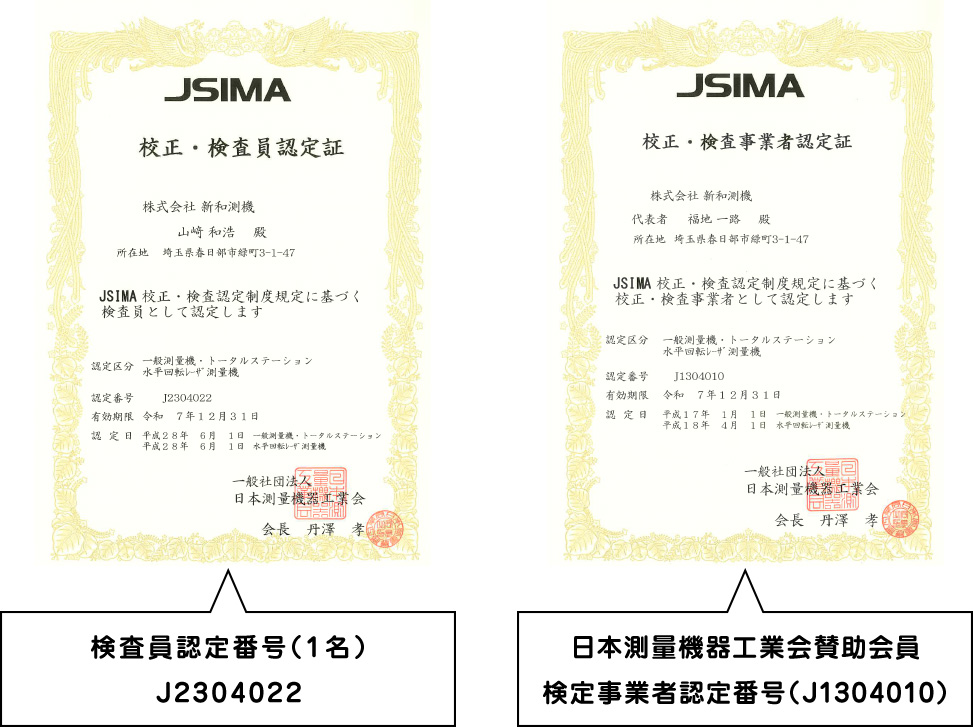 検査員認定番号(1名)J2304022 日本測量機器工業会賛助会員 検定事業者認定番号(J1304010)